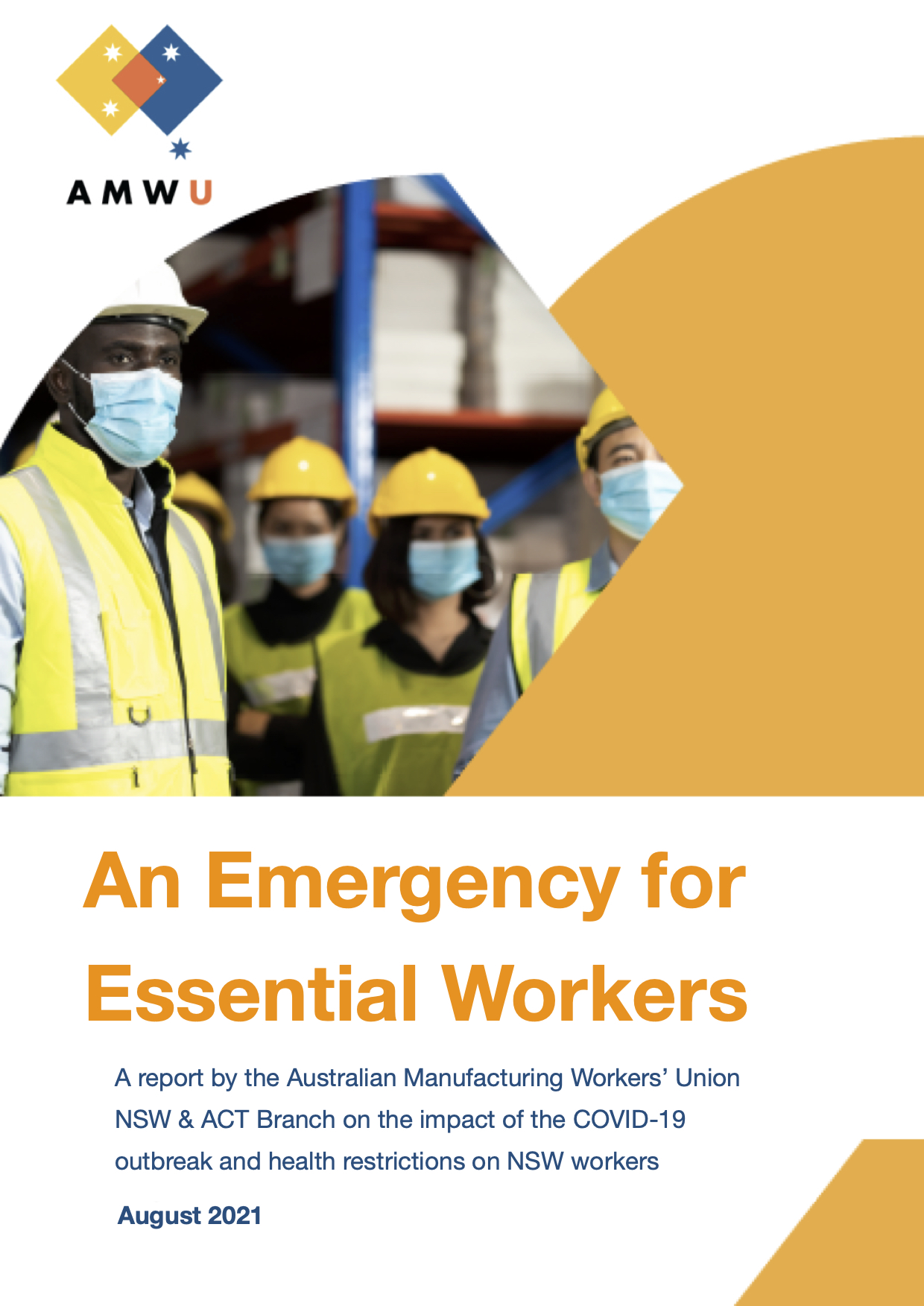 Front cover of AMWU NSW report, An Emergency for Essential Workers Front cover of AMWU NSW report, An Emergency for Essential Workers